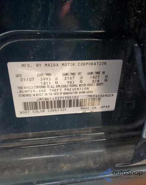 2007 Mazda 3 Hatchback z USA, uszkodzony, nr VIN JM1BK143371705103